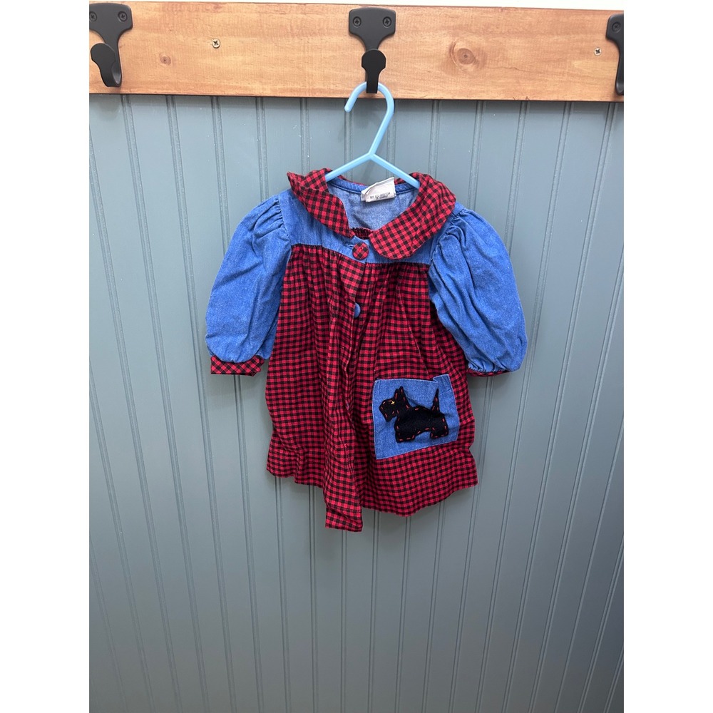 Cottontail Originals Vintage Scottie Dog Gingham Denim Baby Dress 18M Red Blue